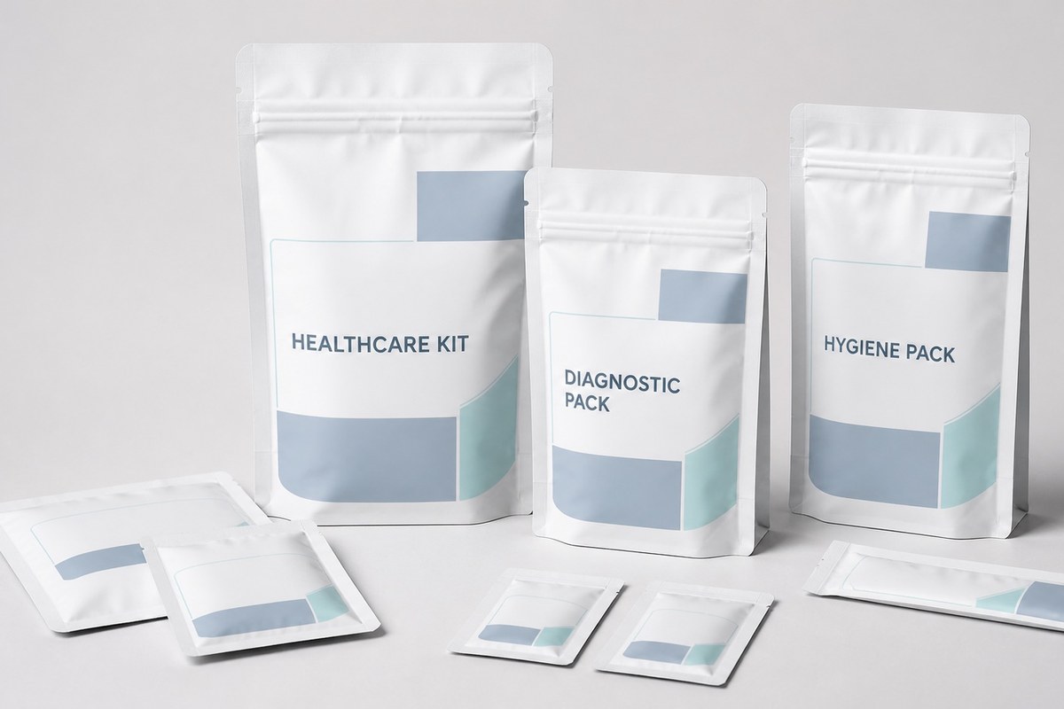 White and pale blue flat pouches and sachets arranged for healthcare project review