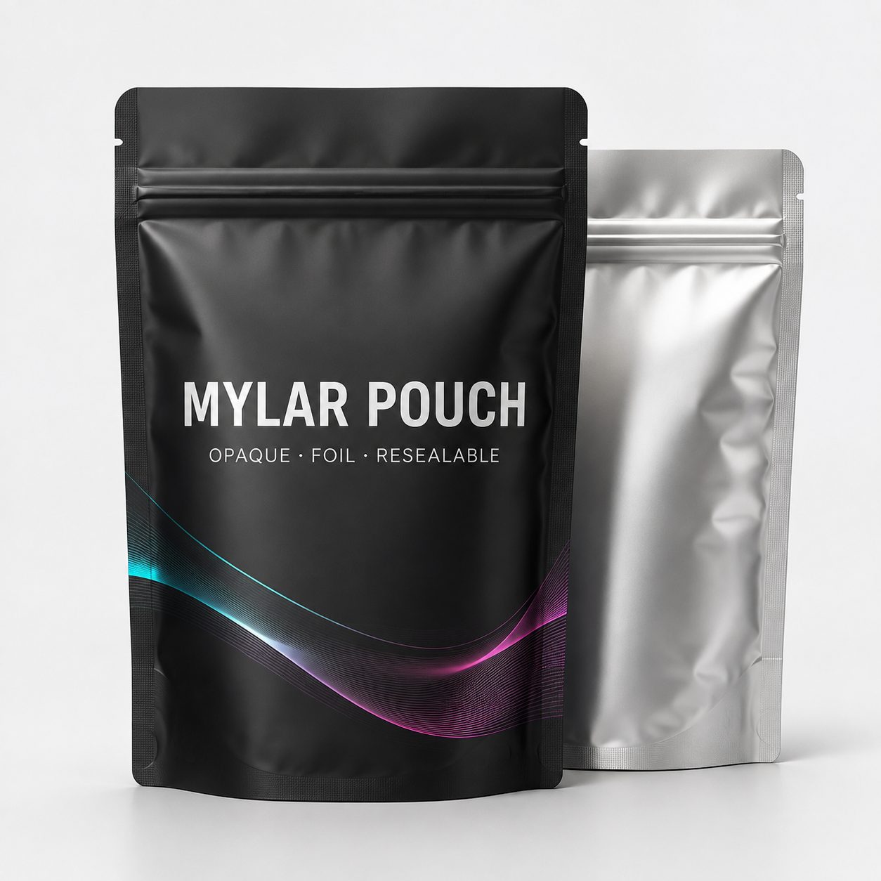 Mylar pouch category card showing black and silver resealable foil pouches with opaque, foil, and resealable feature text
