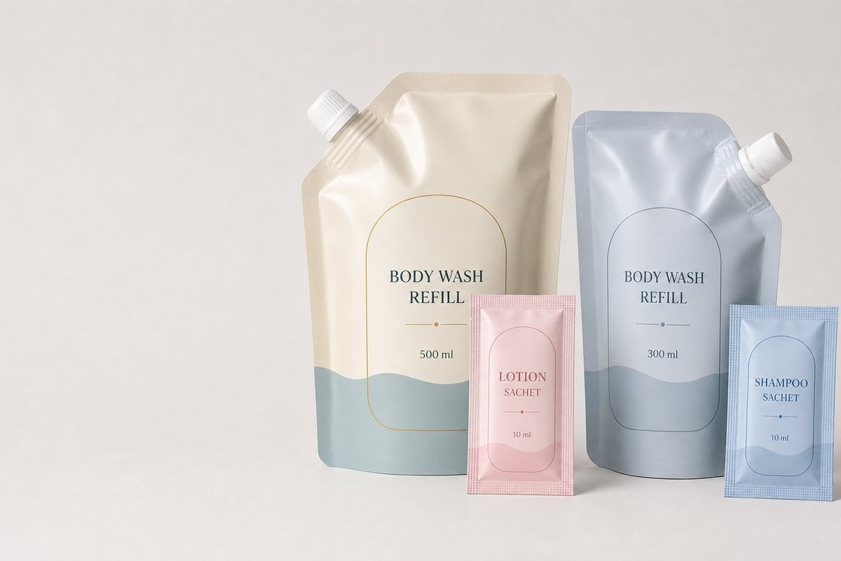 Body wash refill pouches in soft neutral tones with a small pink lotion sachet