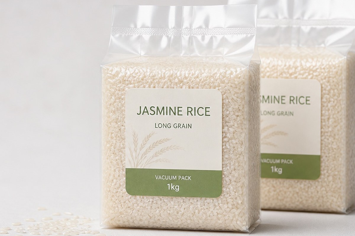 Transparent vacuum brick rice pack with a long grain label on a pale background