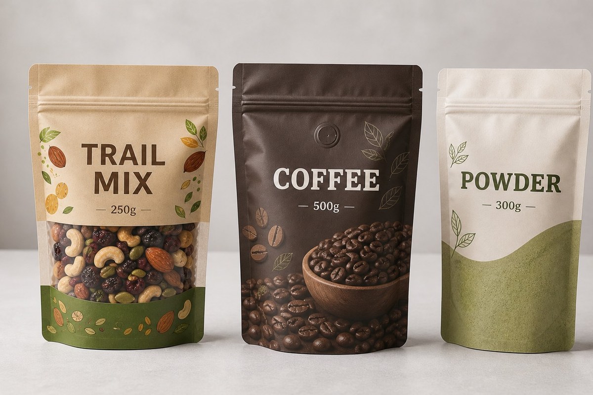 Row of printed stand up pouches for trail mix, coffee, and powder on a light studio surface