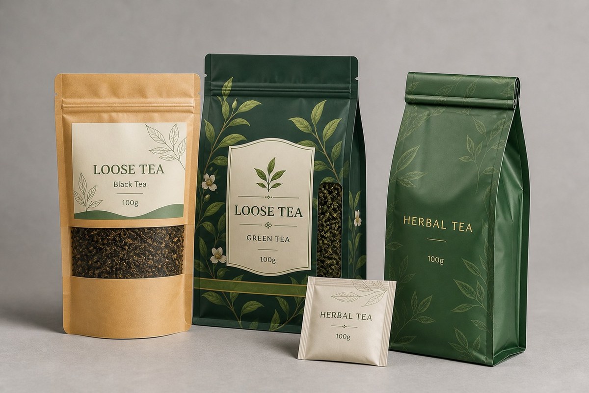 Loose leaf tea pouches in kraft and green finishes with a small tea sachet in front