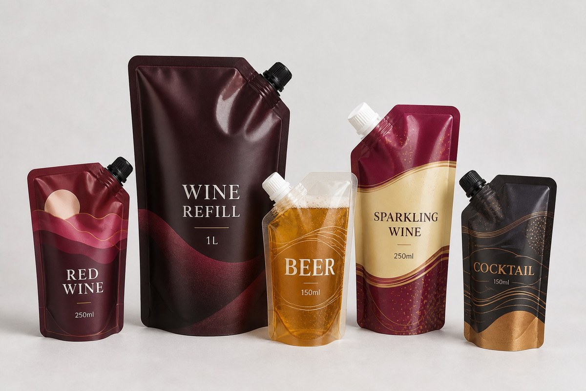 Burgundy wine refill pouch beside amber beer and sparkling wine pouches with spouts
