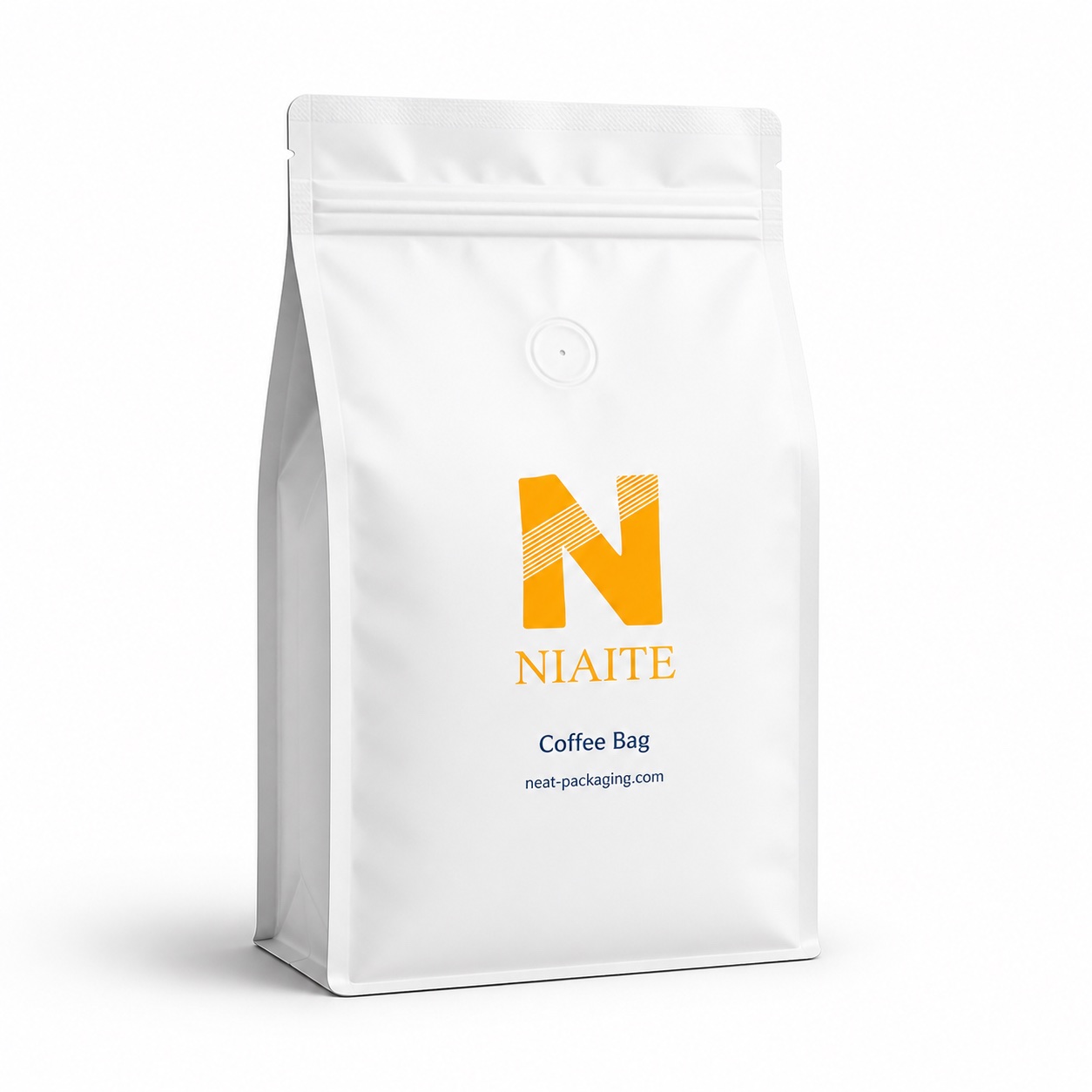 White flat-bottom coffee bag with degassing valve and resealable zipper