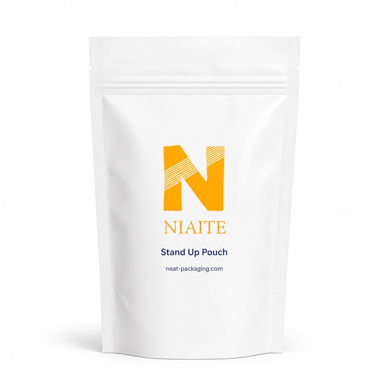 White stand-up pouch with resealable zipper on a clean background