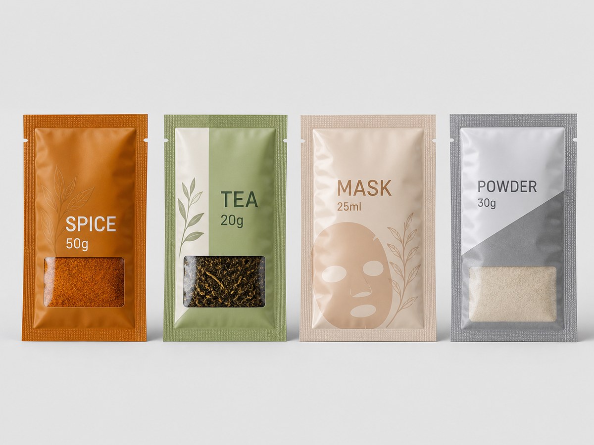 Three side seal flat pouch options for spice, tea, mask, and powder samples