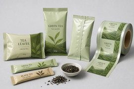 Green tea fin-seal pouch and printed roll stock sample