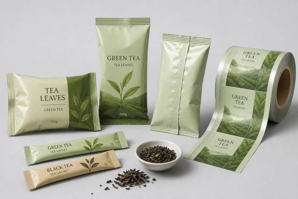 Fin seal tea pouch options with pillow pouch, back seal pouch, sachet sticks, tea leaves, and roll film