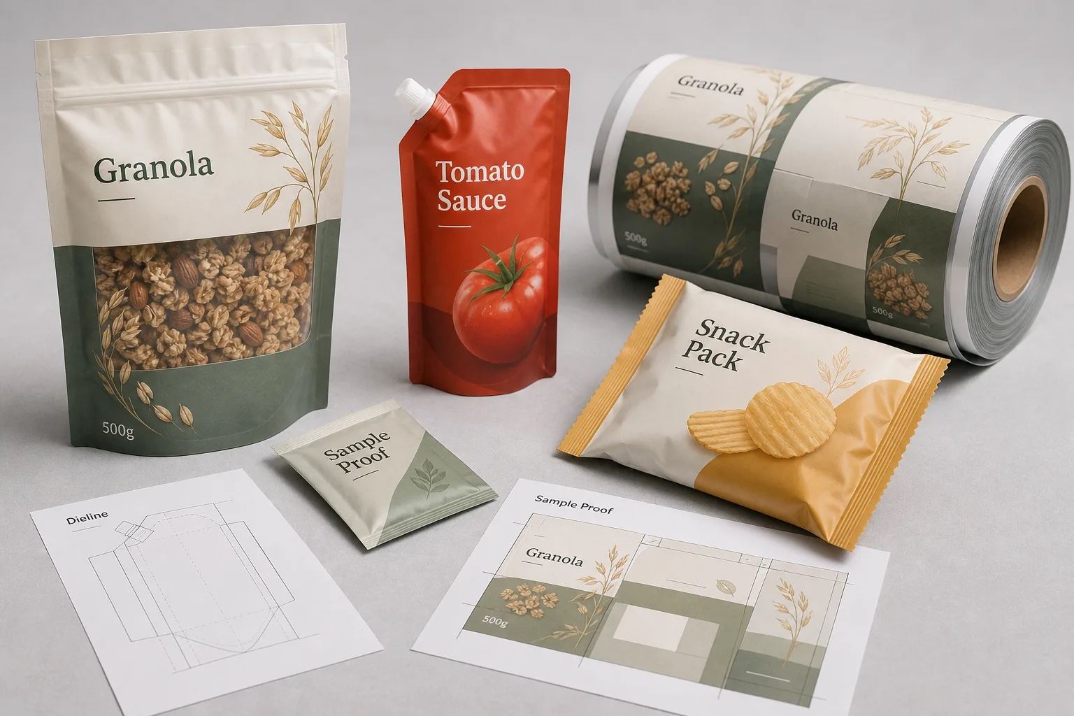 Group of food pouches for roasted nuts, trail mix, and sauce in a retail style line-up