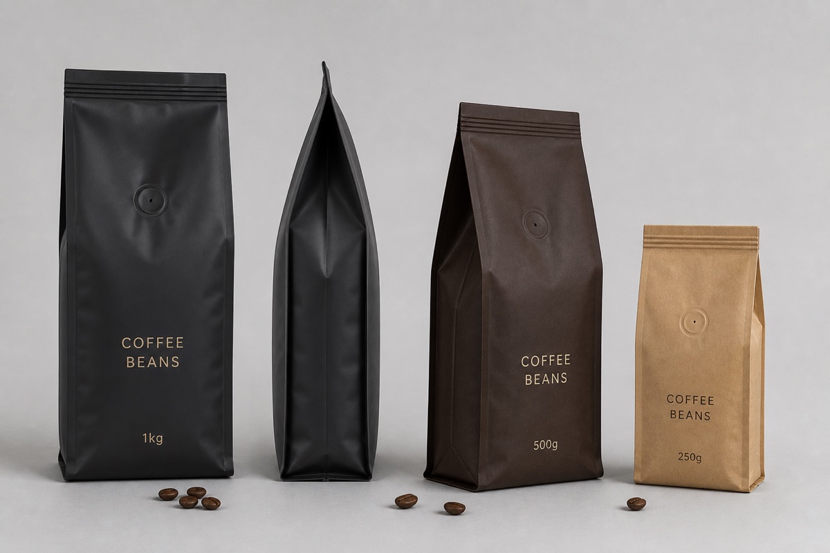 Side gusset coffee bag options with visible folded side gussets, crimped top seals, valves, and light coffee bean context