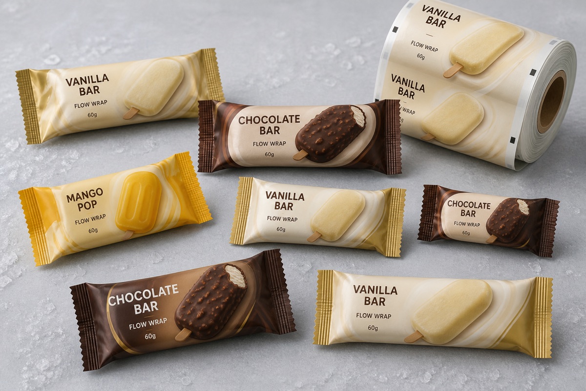 Ice cream flow wrap options with vanilla, chocolate, and mango wrapped bars plus matching roll film