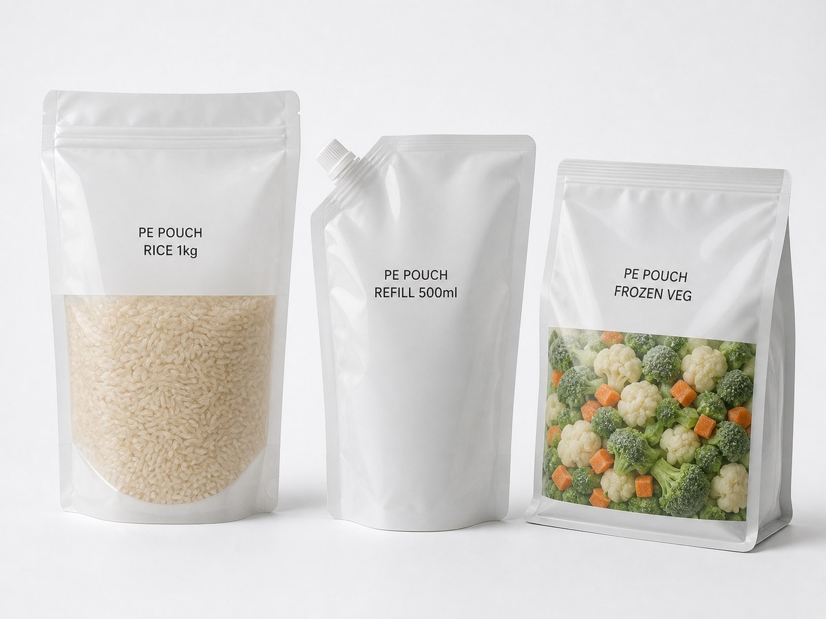 Mono material PE pouch options for rice, refill, and frozen vegetable packaging