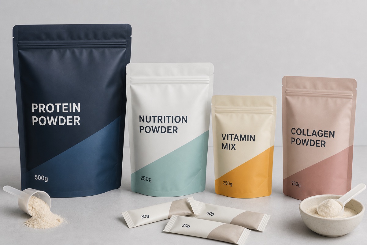 Nutritional supplement pouch options with protein powder, nutrition powder, vitamin mix, collagen powder, and sachets