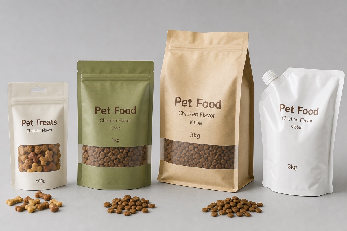 Pet food stand up pouch options with treat pouch, kibble pouch, refill pouch, windows, and zippers