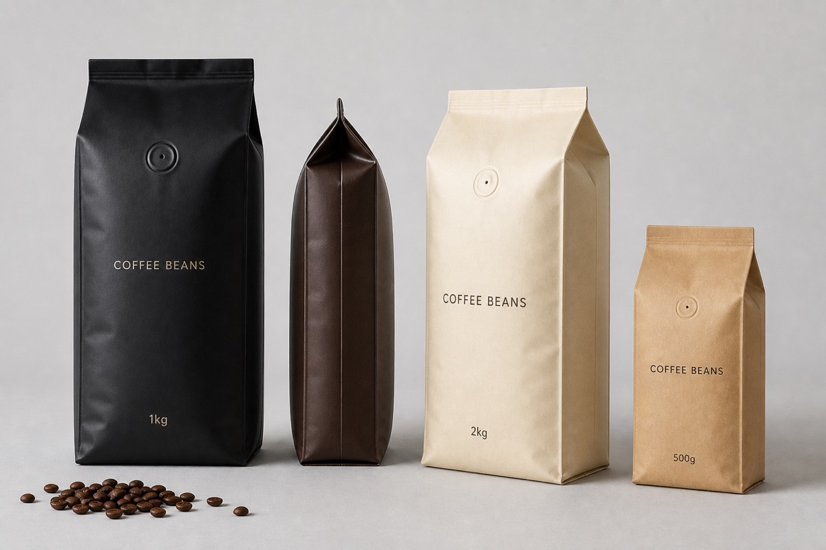 Quad seal coffee bag options with visible corner seams, block bodies, side panels, valves, and multiple sizes