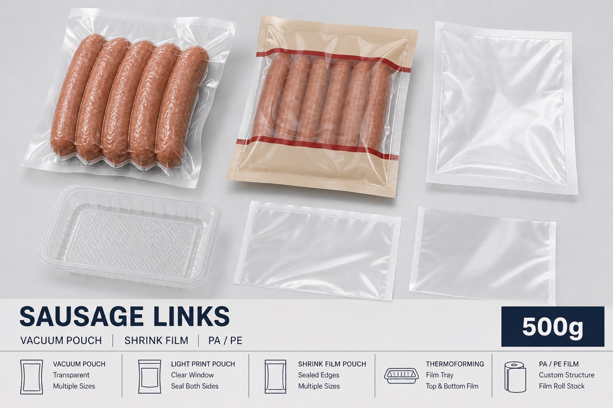 Sausage vacuum pouch and shrink film options with transparent pouches, thermoforming tray, and PA PE film