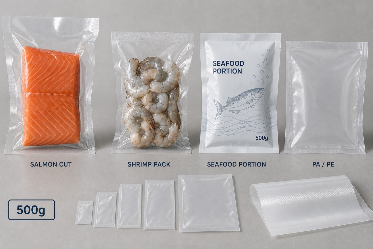 Seafood vacuum pouch options with salmon cut, shrimp pack, seafood pouch, empty pouch, and PA PE film
