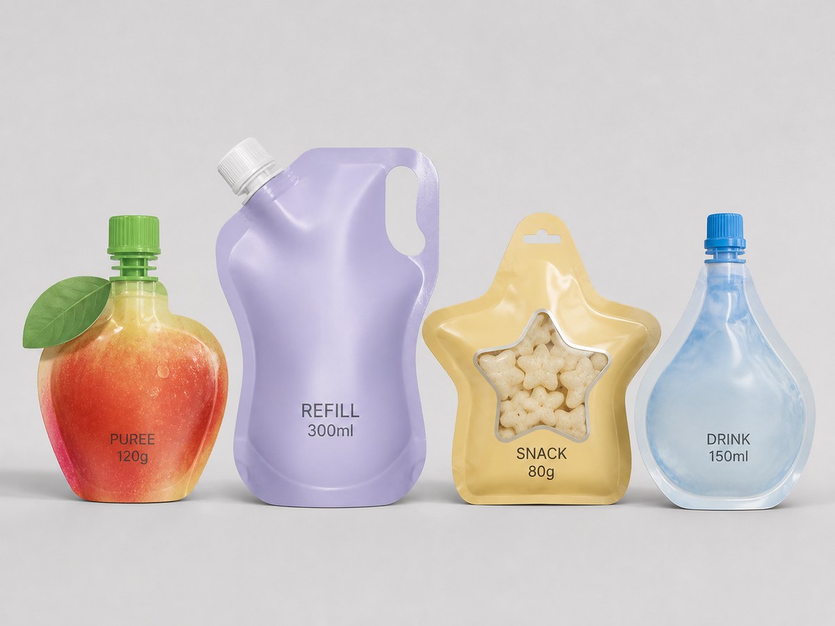 Custom shaped pouch options for puree, refill, snack, and drink packaging
