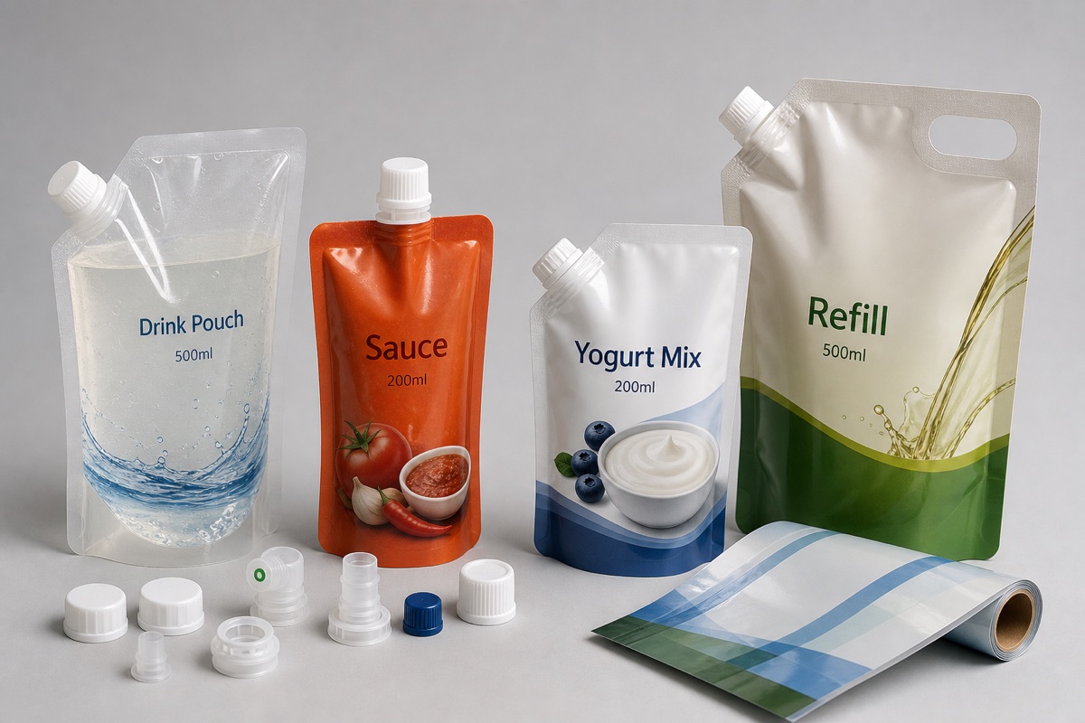 Spout pouch options for drink, sauce, yogurt mix, and refill packaging with cap fitments and roll film