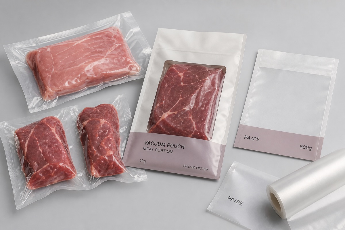 Vacuum pouch options for meat portions with transparent PA PE pouches, printed sleeve, film samples, and roll film