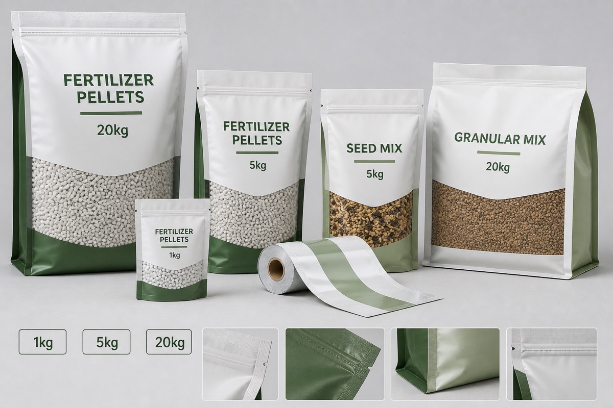 Agriculture fertilizer and seed packaging options with pellet pouches, seed mix pouch, granular pouch, and roll film