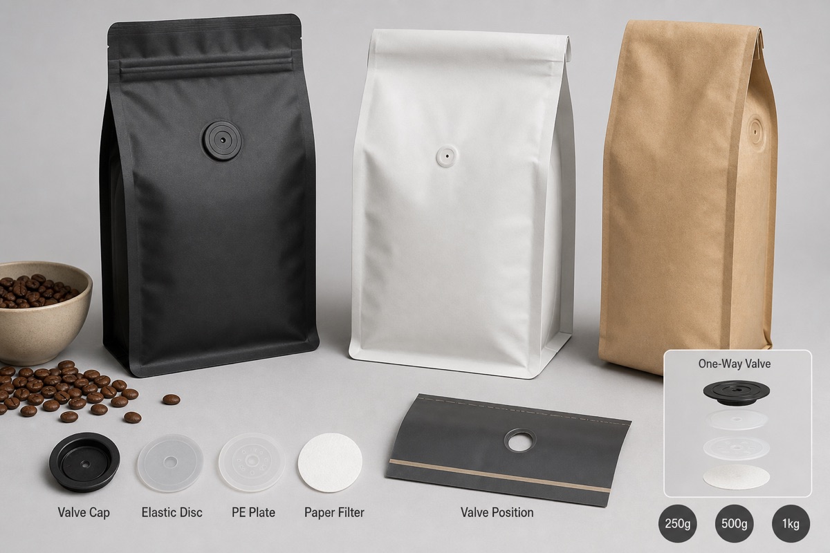 Coffee bag options with one way degassing valve placements, valve component samples, and valve position film strip