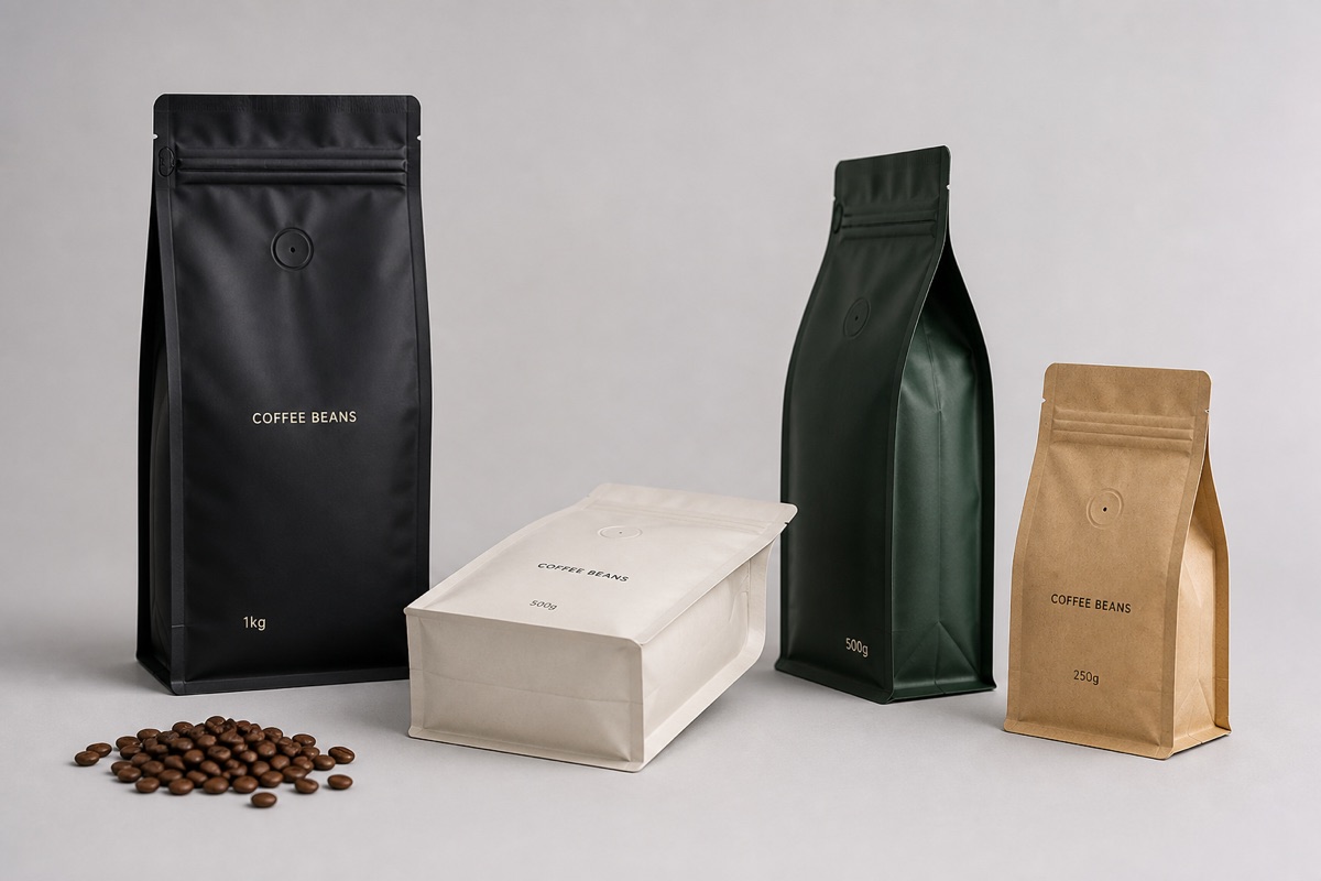Flat bottom coffee pouch options with visible broad bases, side folds, valves, and multiple sizes