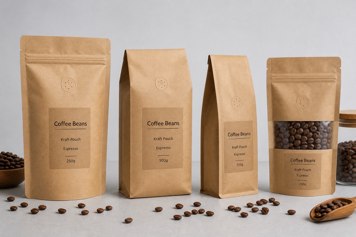 Kraft paper coffee pouch options with valve, zipper, side gusset, flat bottom, and window structures