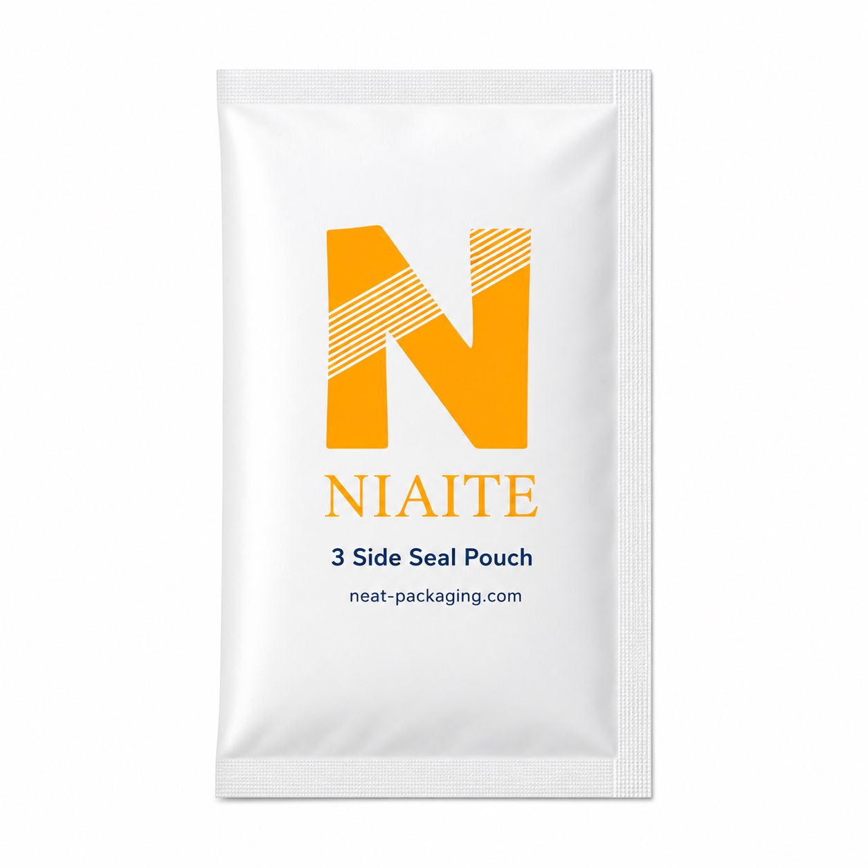 White three-side-seal flat sachet pouch with crimped edges on three sides, viewed from the front