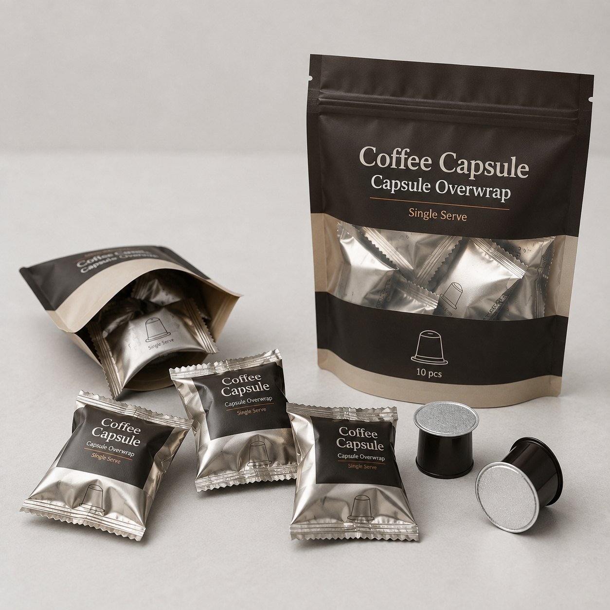 Coffee capsule overwrap sachets with foil laminate wrappers and single-serve capsule samples