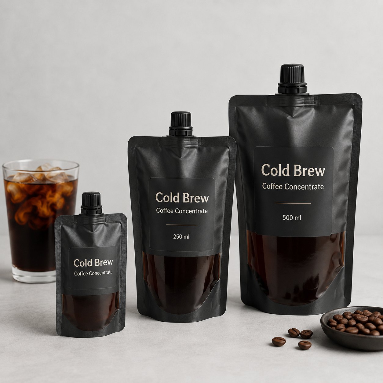 Cold brew coffee concentrate spout pouches with black caps and 250 ml and 500 ml labels