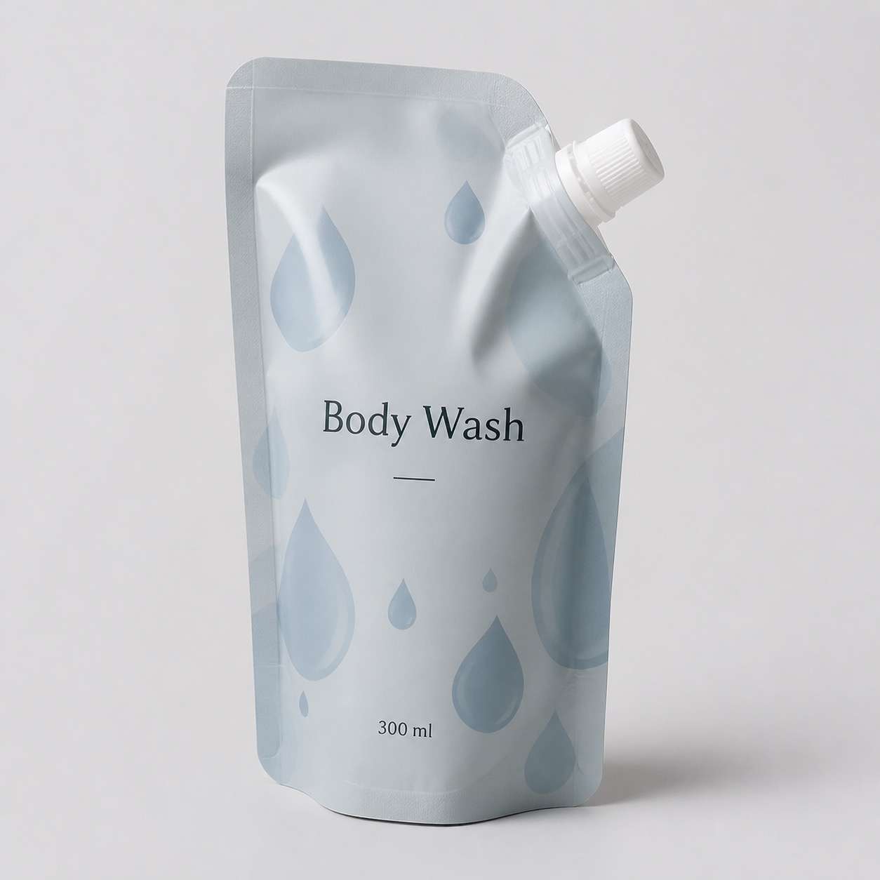 Matte body wash refill spout pouch with corner cap and 300 ml label
