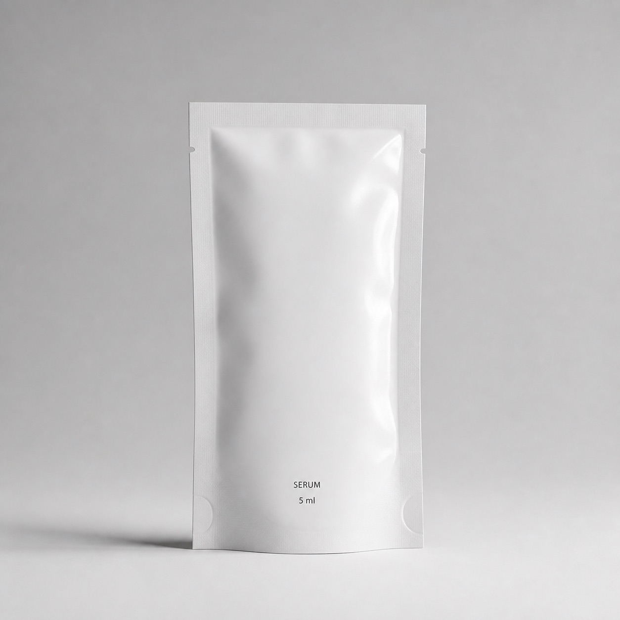 Tall white cosmetic serum sachet with subtle sealed edges and light studio shadow