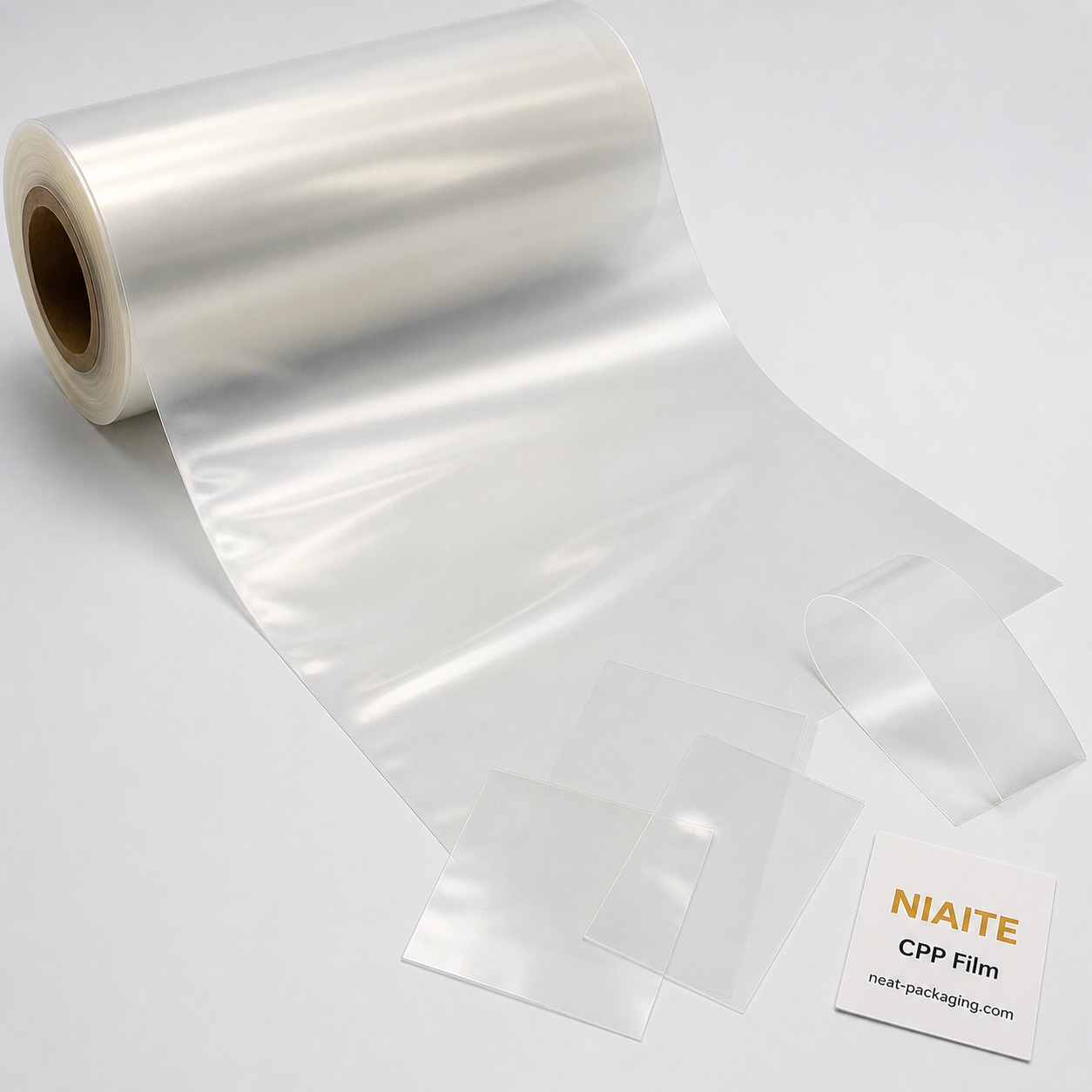 Soft hazy CPP flexible packaging film roll with loose unsealed material swatches