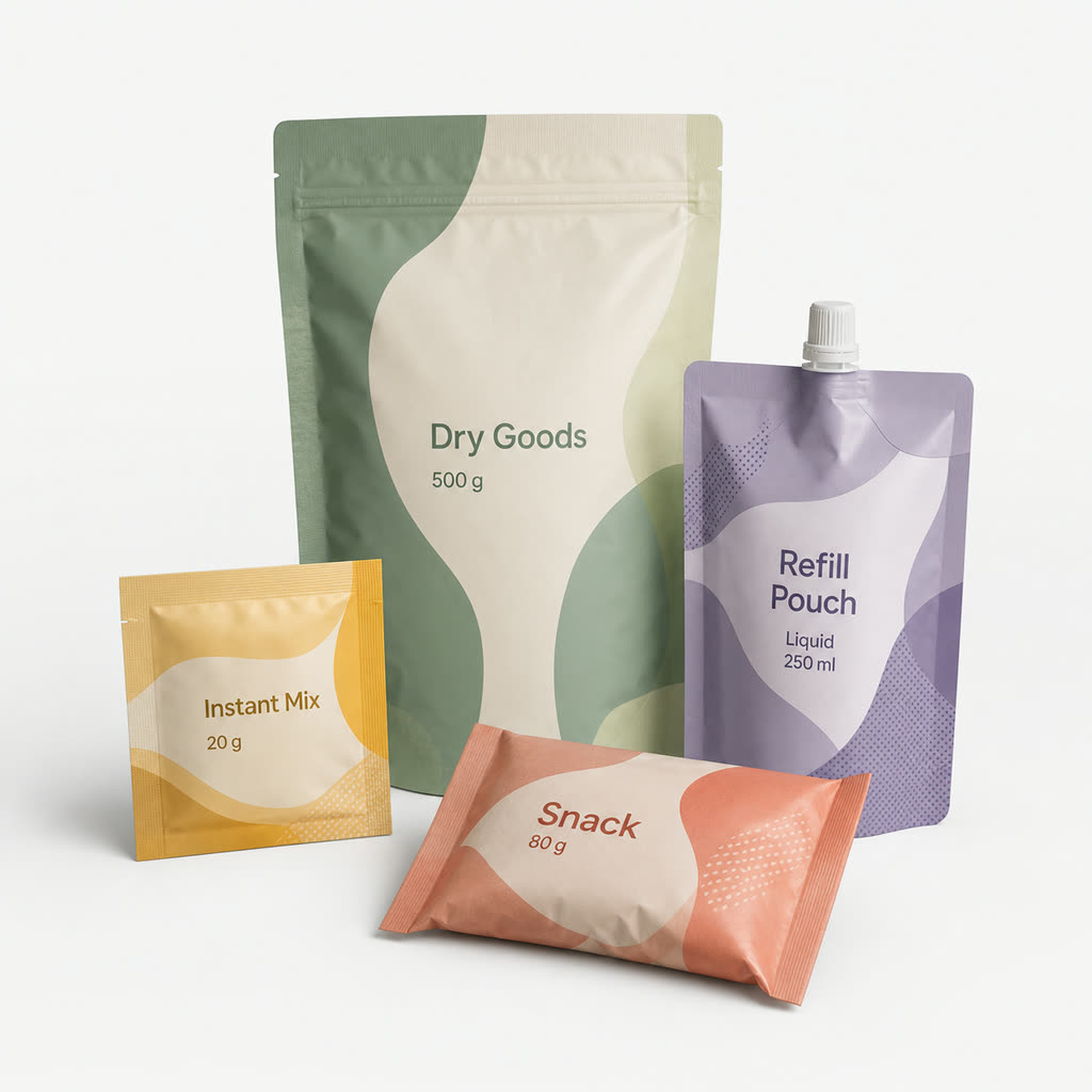 Coordinated custom flexible packaging set with stand-up pouch, sachet, pillow pouch, and spout pouch formats