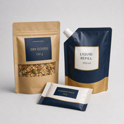 Custom flexible packaging structure set with dry goods liquid refill and powder pouch options