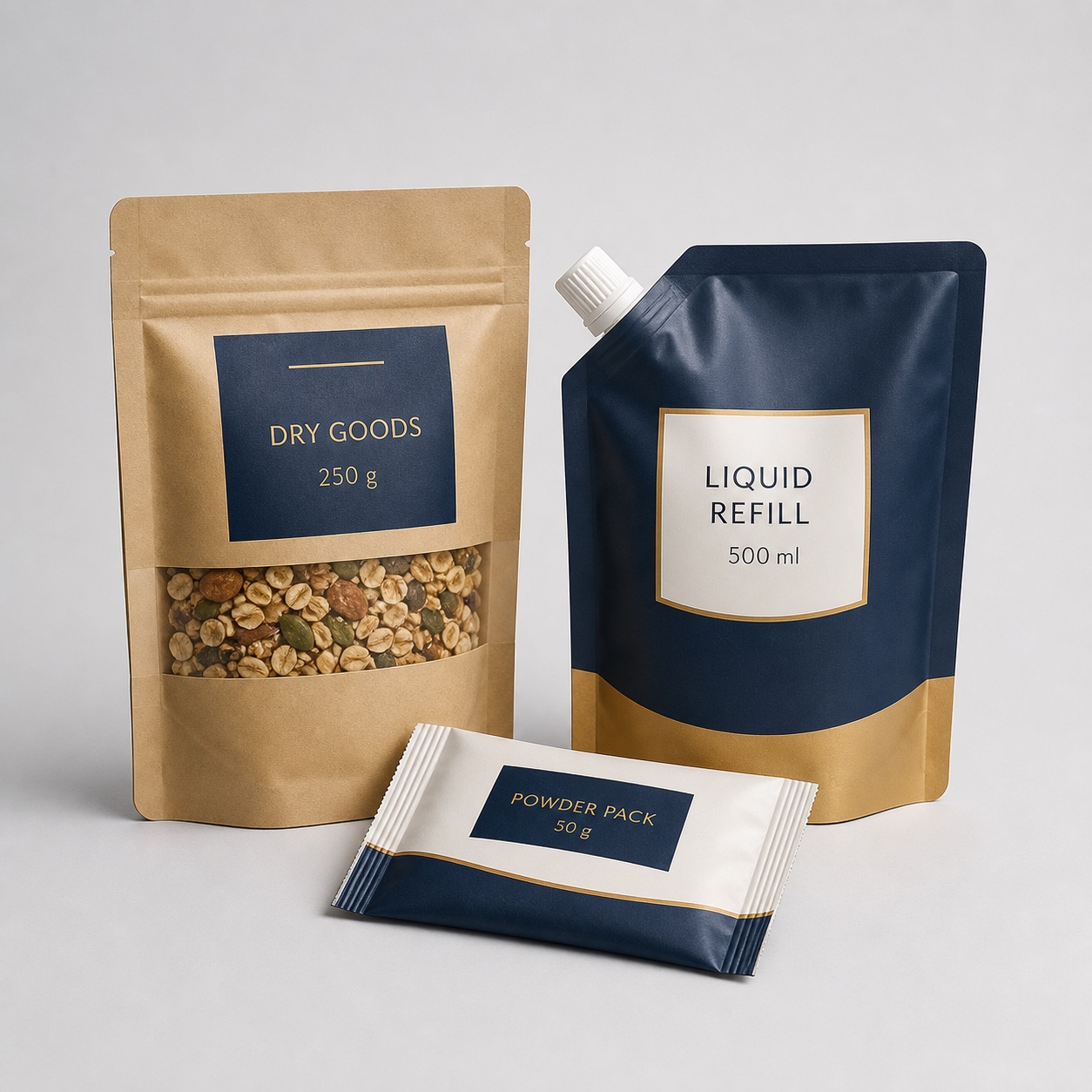 Custom flexible packaging structure set with dry goods liquid refill and powder pouch options