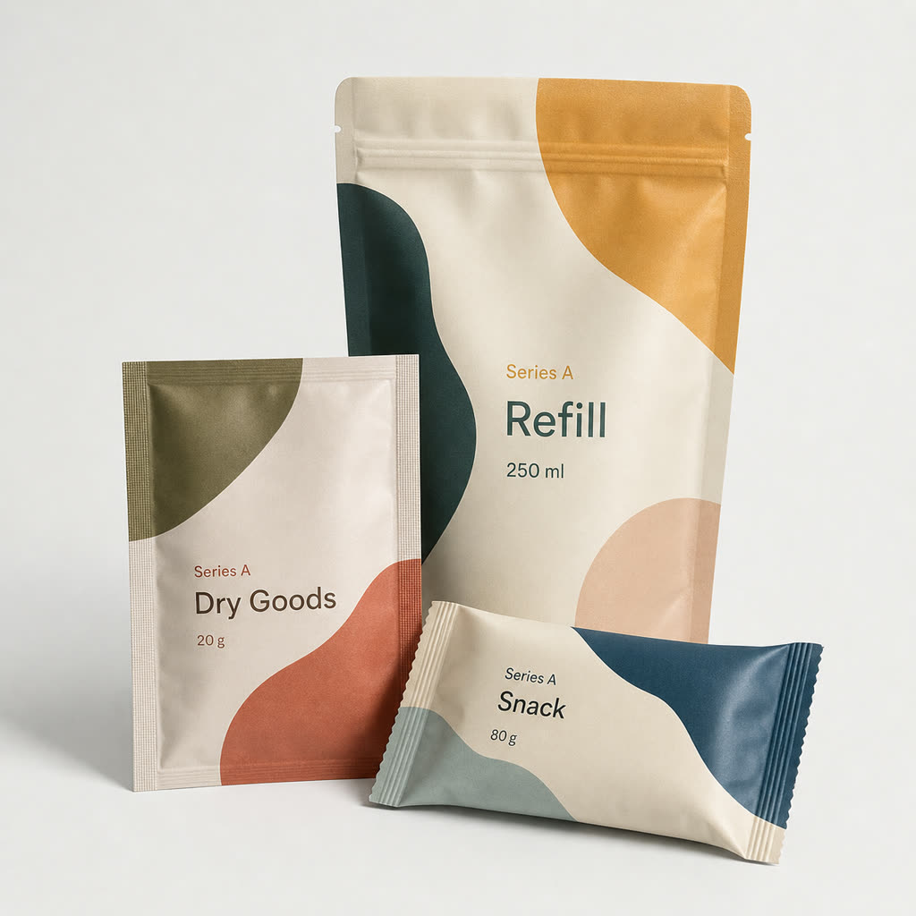 Coordinated printed flexible packaging series with stand-up pouch, flat sachet, and pillow pouch examples