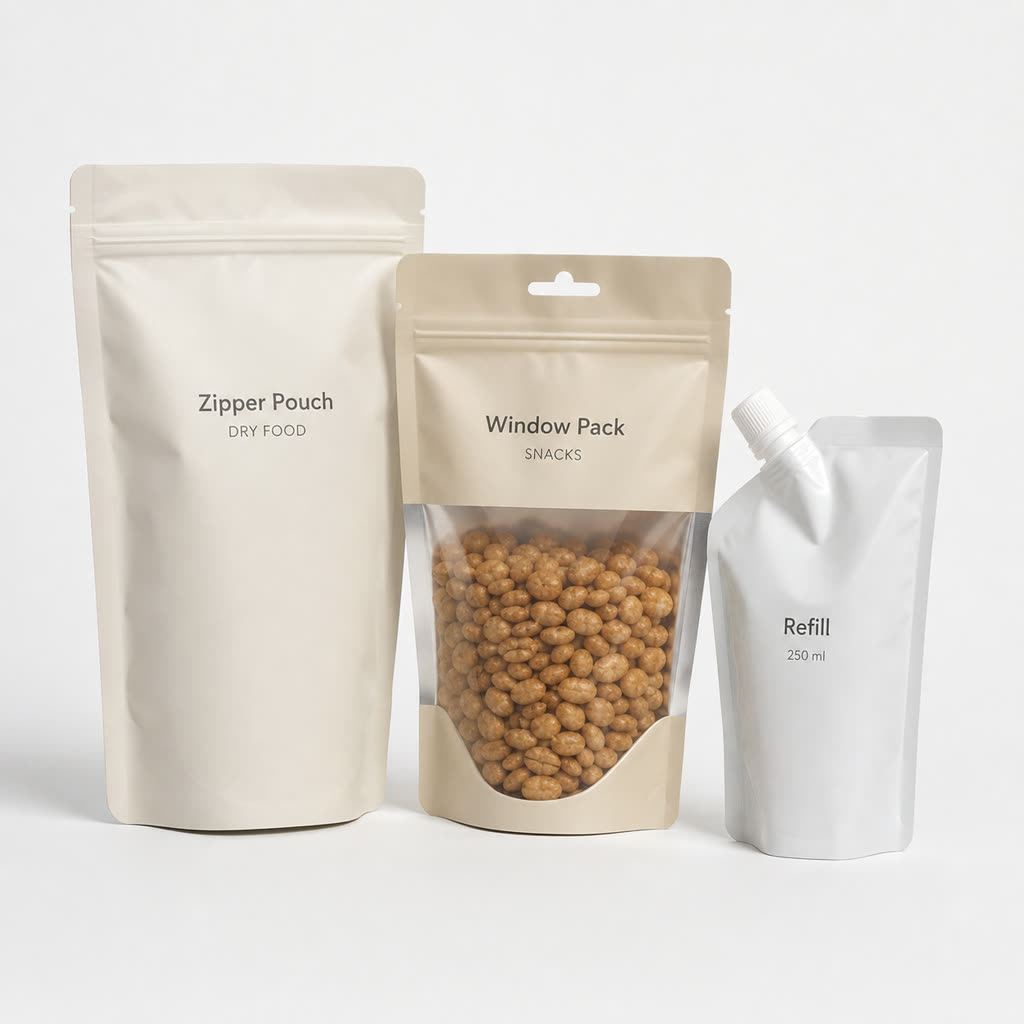 Custom packaging structure set with zipper pouch, window pouch, and spout refill pouch formats