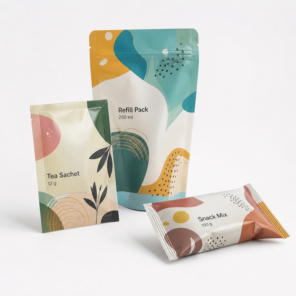 Custom flexible packaging family with stand-up pouch, sachet, and pillow pouch examples