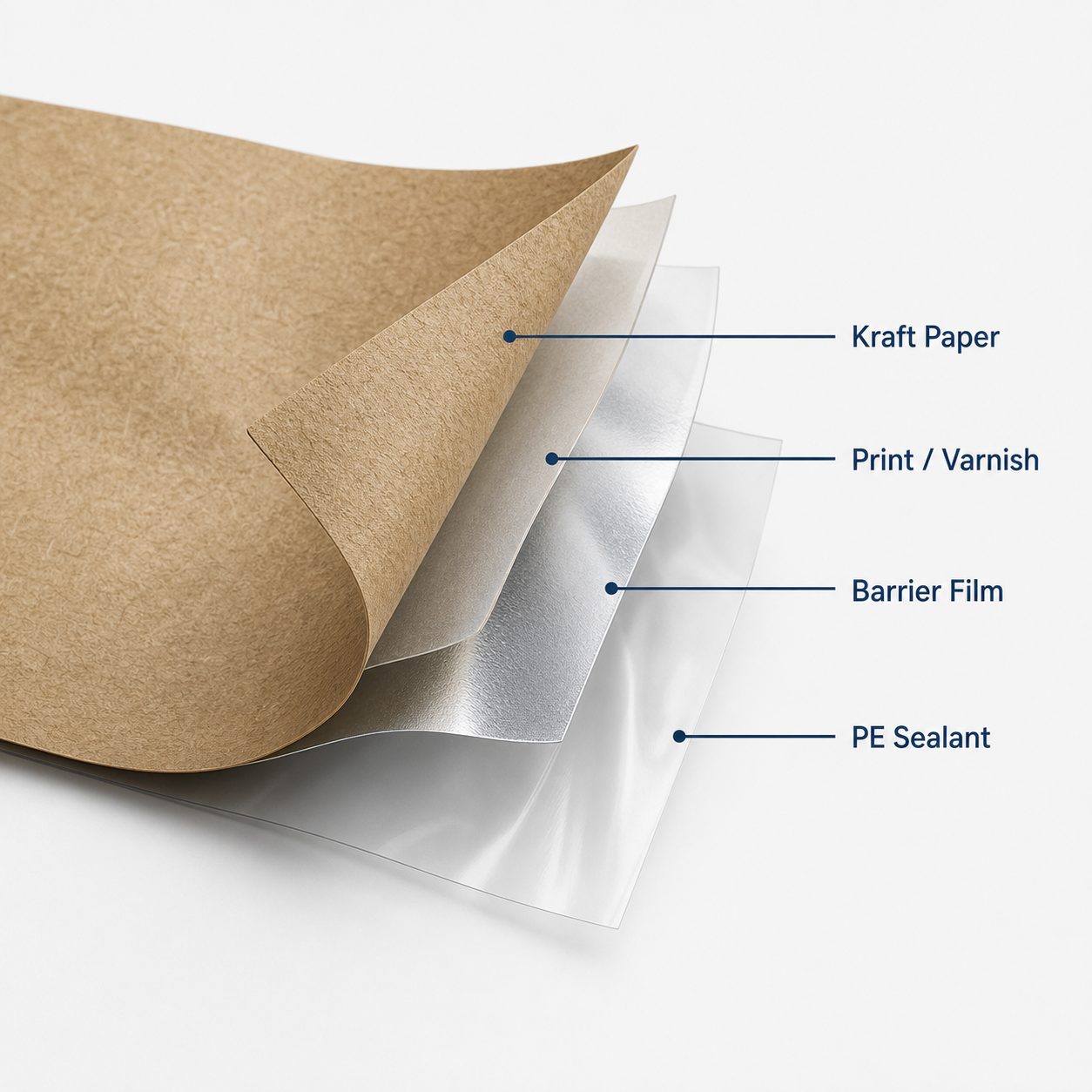 Kraft paper pouch material layer visualization with printed kraft surface, barrier film, adhesive, and PE sealant
