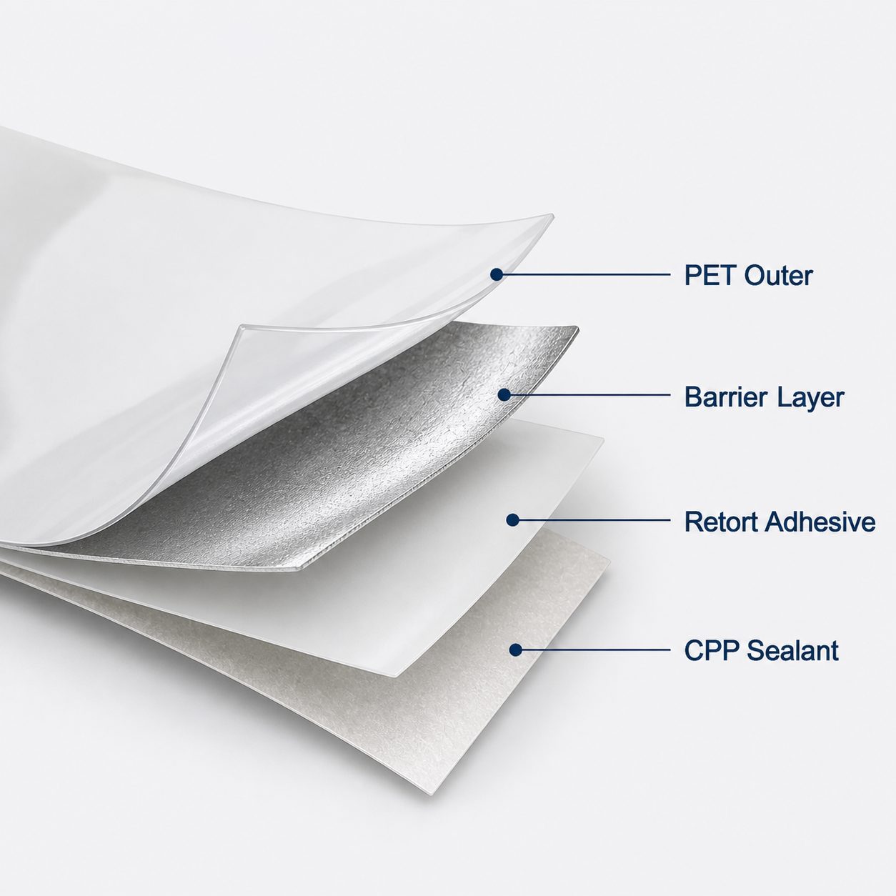 Retort pouch material layer visualization with heat-resistant outer film, barrier film, adhesive, and sealant layer