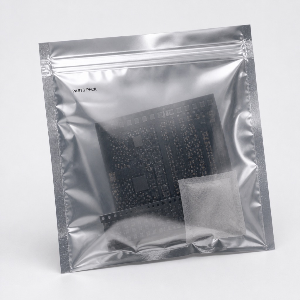 Silver translucent anti-static accessory pouch with PCB panel and carrier tape silhouettes
