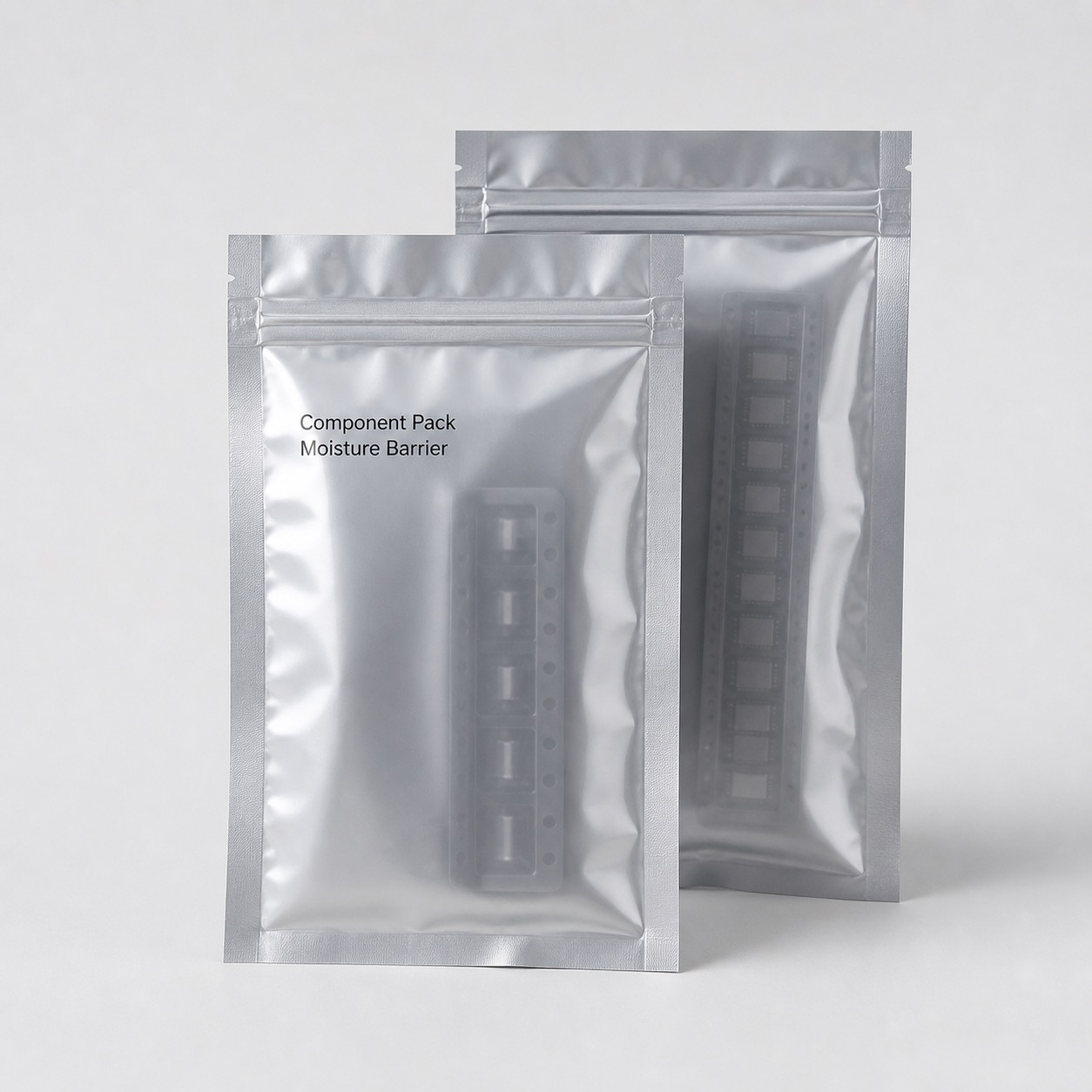 Two silver component moisture-barrier pouches with faint carrier tape silhouettes