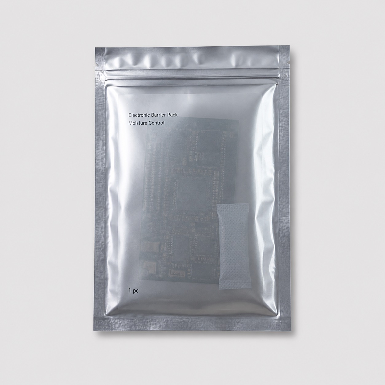 Silver moisture-barrier electronics pouch with PCB silhouette and desiccant pack