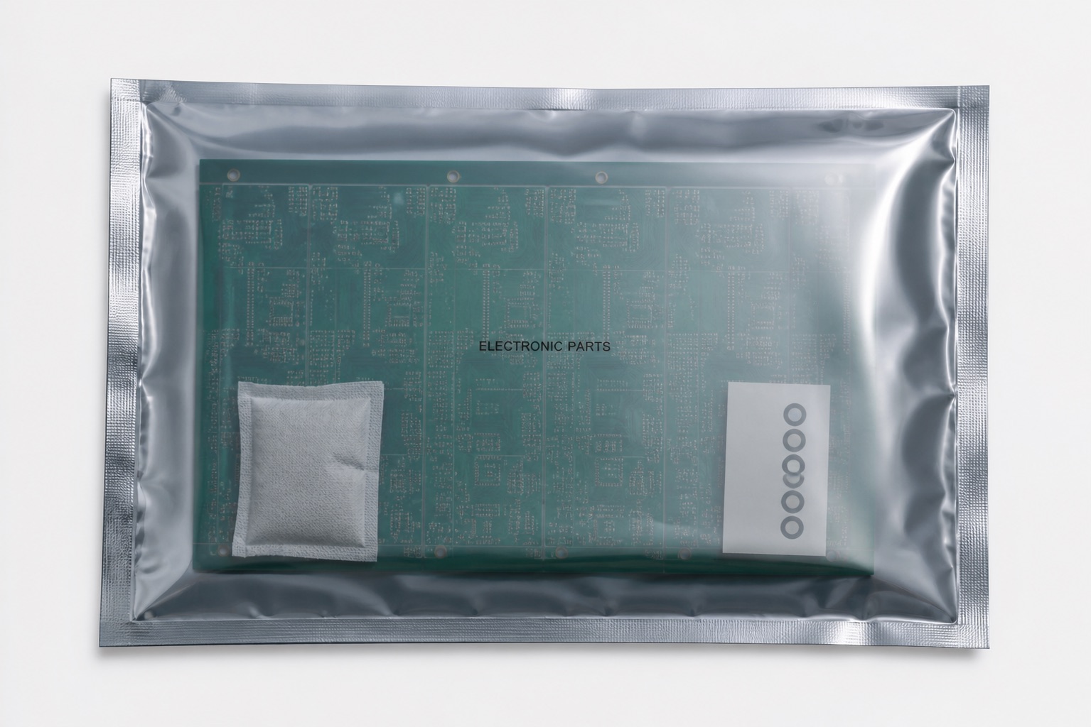 Sealed translucent moisture-barrier bag with PCB panel for electronics packaging review