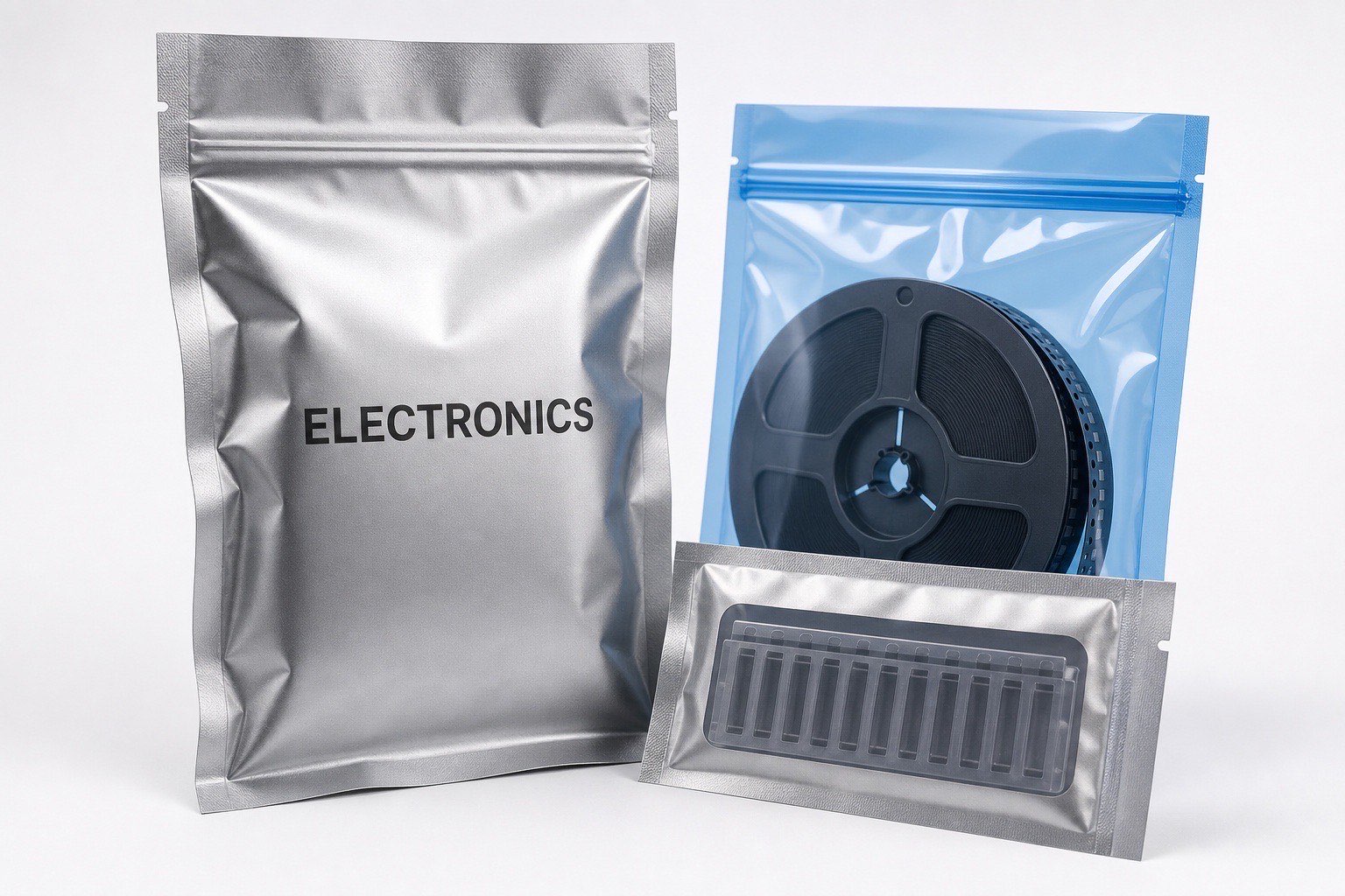 Silver moisture barrier bag, blue anti-static ziplock pouch holding a component reel, and foil vacuum pack with an IC chip tray