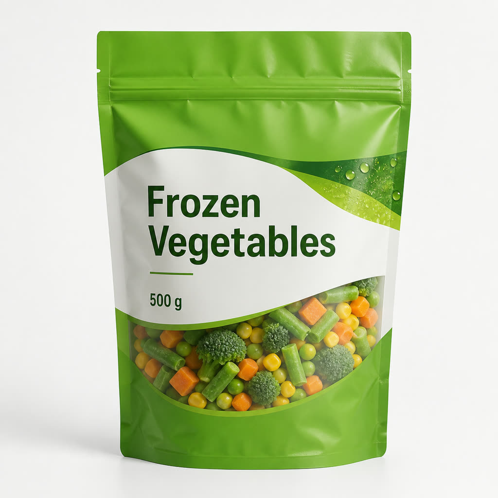 Printed frozen vegetable stand-up pouch with zipper, clear window, and 500 g generic label