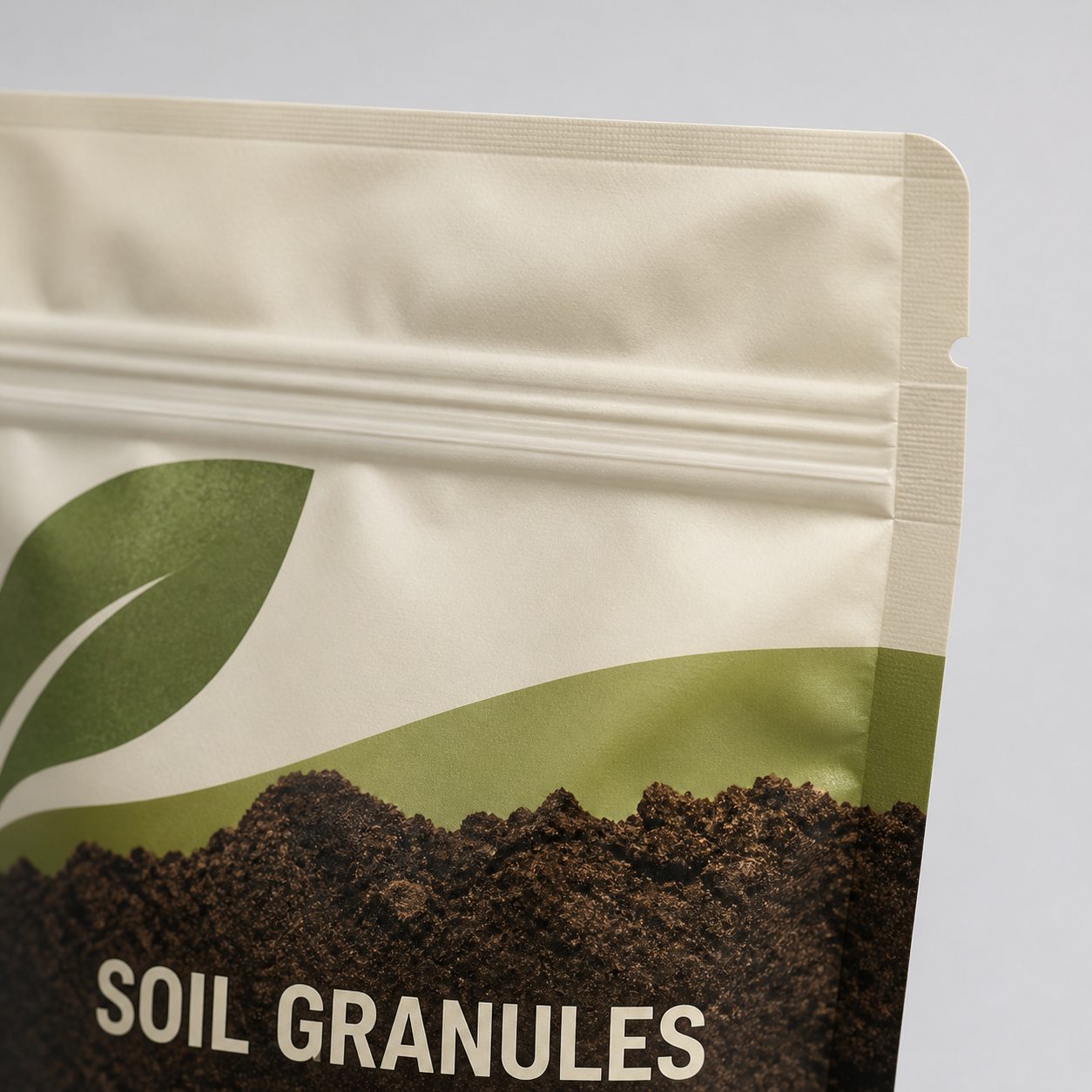 Printed agricultural granule pouch with heat seal, tear notch, and resealable zipper detail
