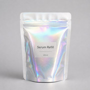 Serum refill stand-up pouch with holographic security film panel and generic 100 ml label
